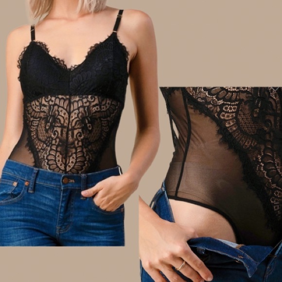 Solid Floral Lace and Mesh Bodysuit Black NWT - Picture 1 of 4